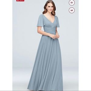 David's Bridal Flutter Sleeve Crisscross Mesh Bridesmaid Dress- Dusty Blue